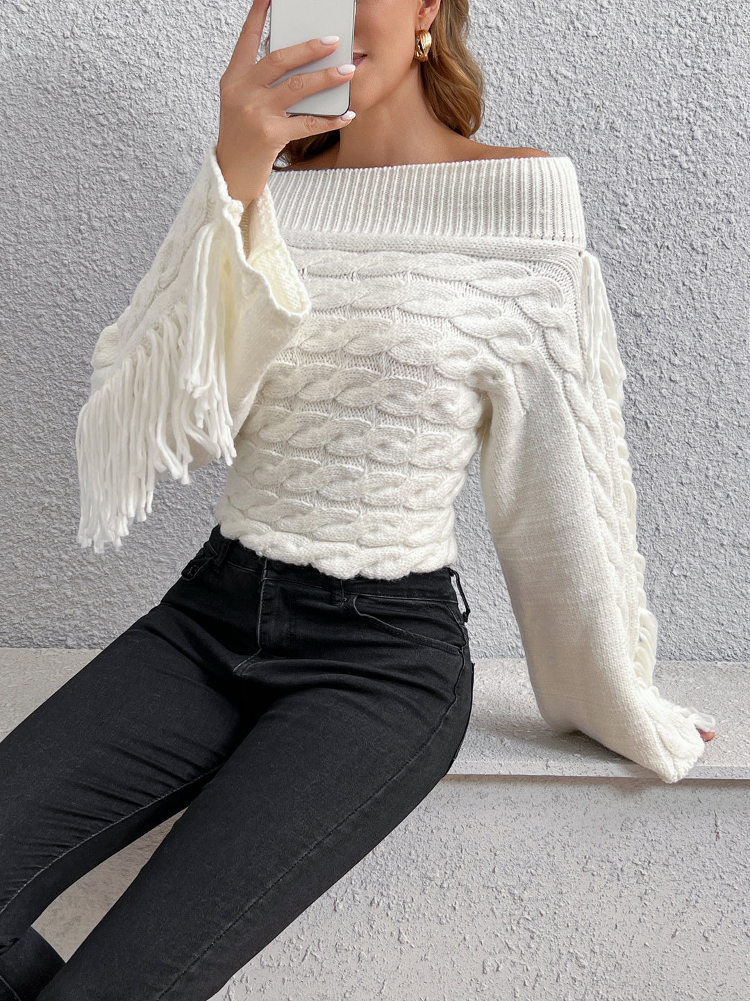 EB | Off-shoulder Kabelstrick Pullover Unik und Trendy mit Fransen
