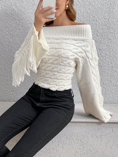 EB | Off-shoulder Kabelstrick Pullover Unik und Trendy mit Fransen