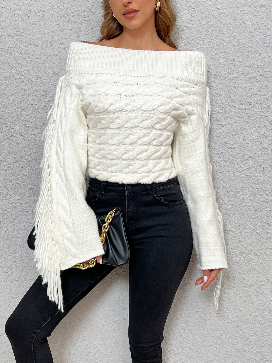 EB | Off-shoulder Kabelstrick Pullover Unik und Trendy mit Fransen