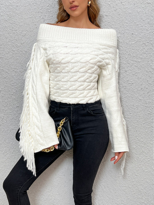EB | Off-shoulder Kabelstrick Pullover Unik und Trendy mit Fransen