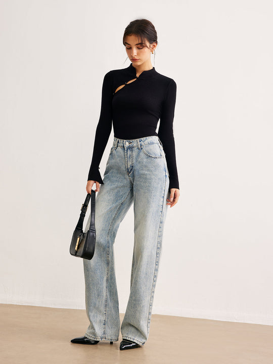 EB | Langarmige Bluse mit Einzigartigem Ausschnitt Baumwollmischung Modern und Elegant