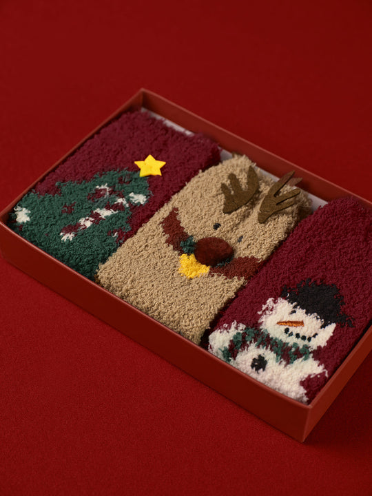 EB | 3er Pack Weihnachts-Korallenvelours-Socken mit Box
