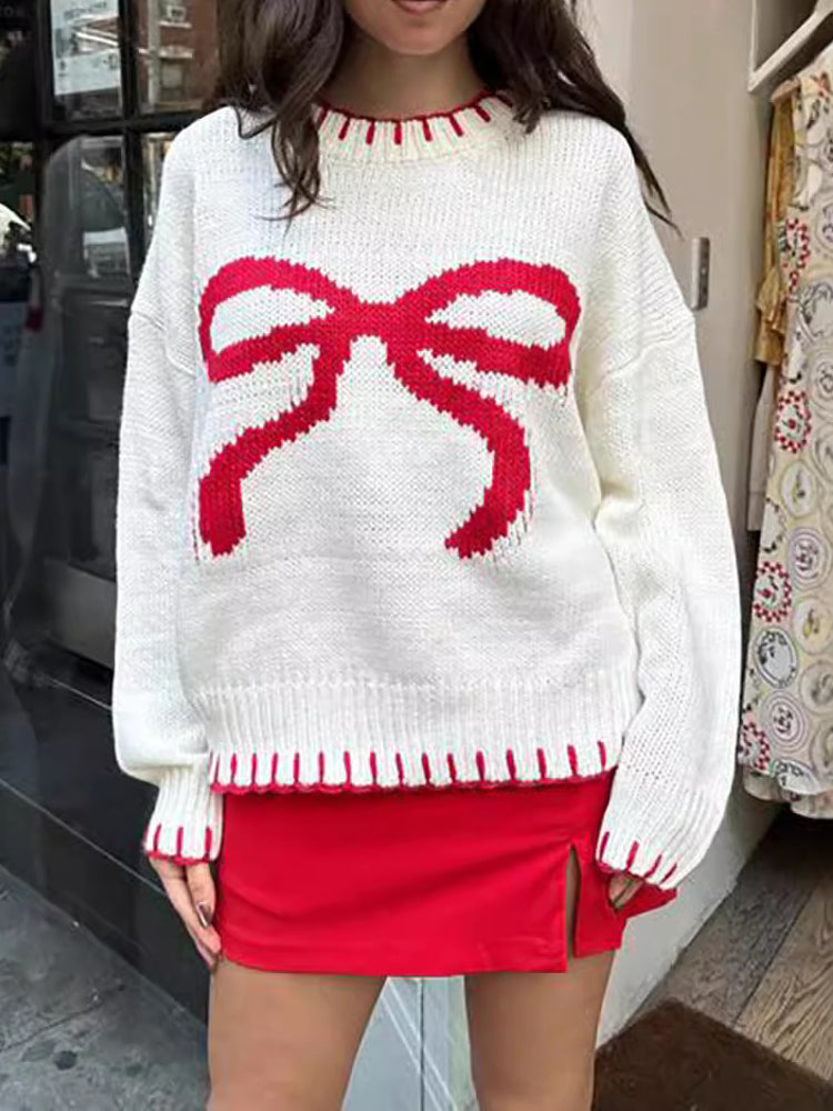 EB | Strickpullover mit Schleifenmotiv Lässige Passform Süß und Bequem