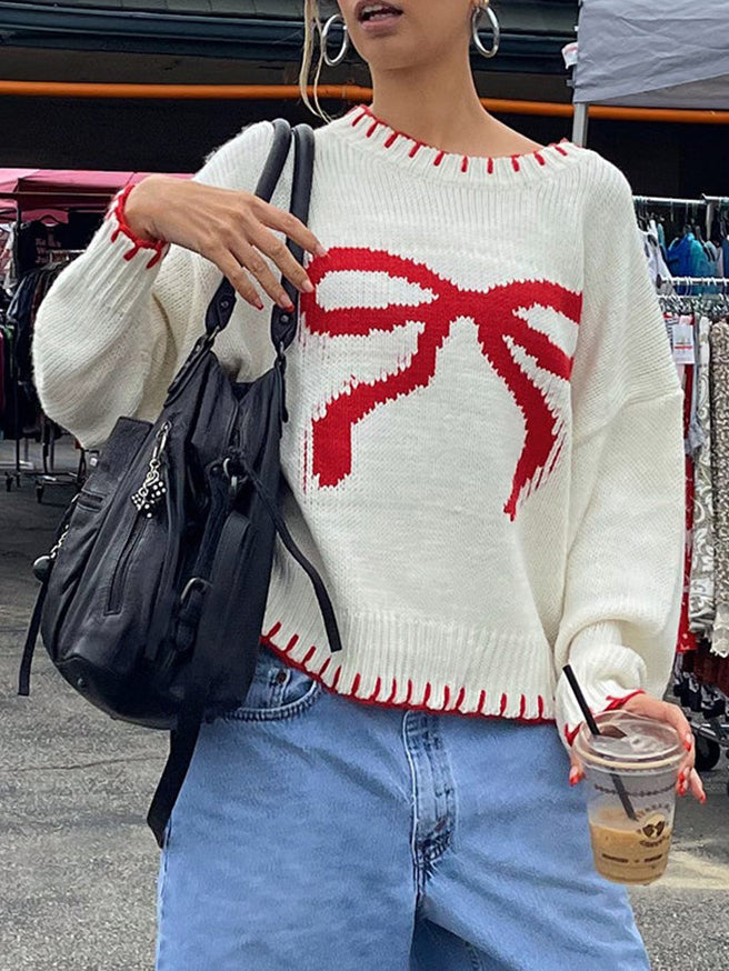 EB | Strickpullover mit Schleifenmotiv Lässige Passform Süß und Bequem