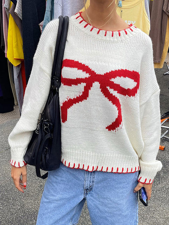 EB | Strickpullover mit Schleifenmotiv Lässige Passform Süß und Bequem