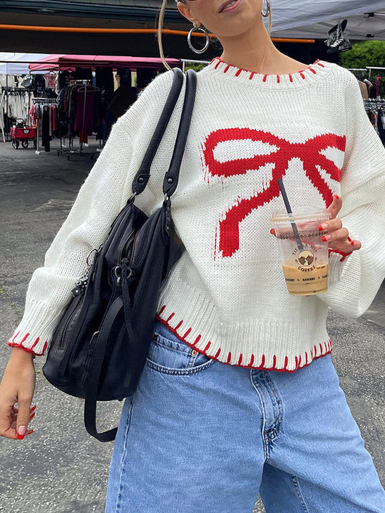 EB | Strickpullover mit Schleifenmotiv Lässige Passform Süß und Bequem