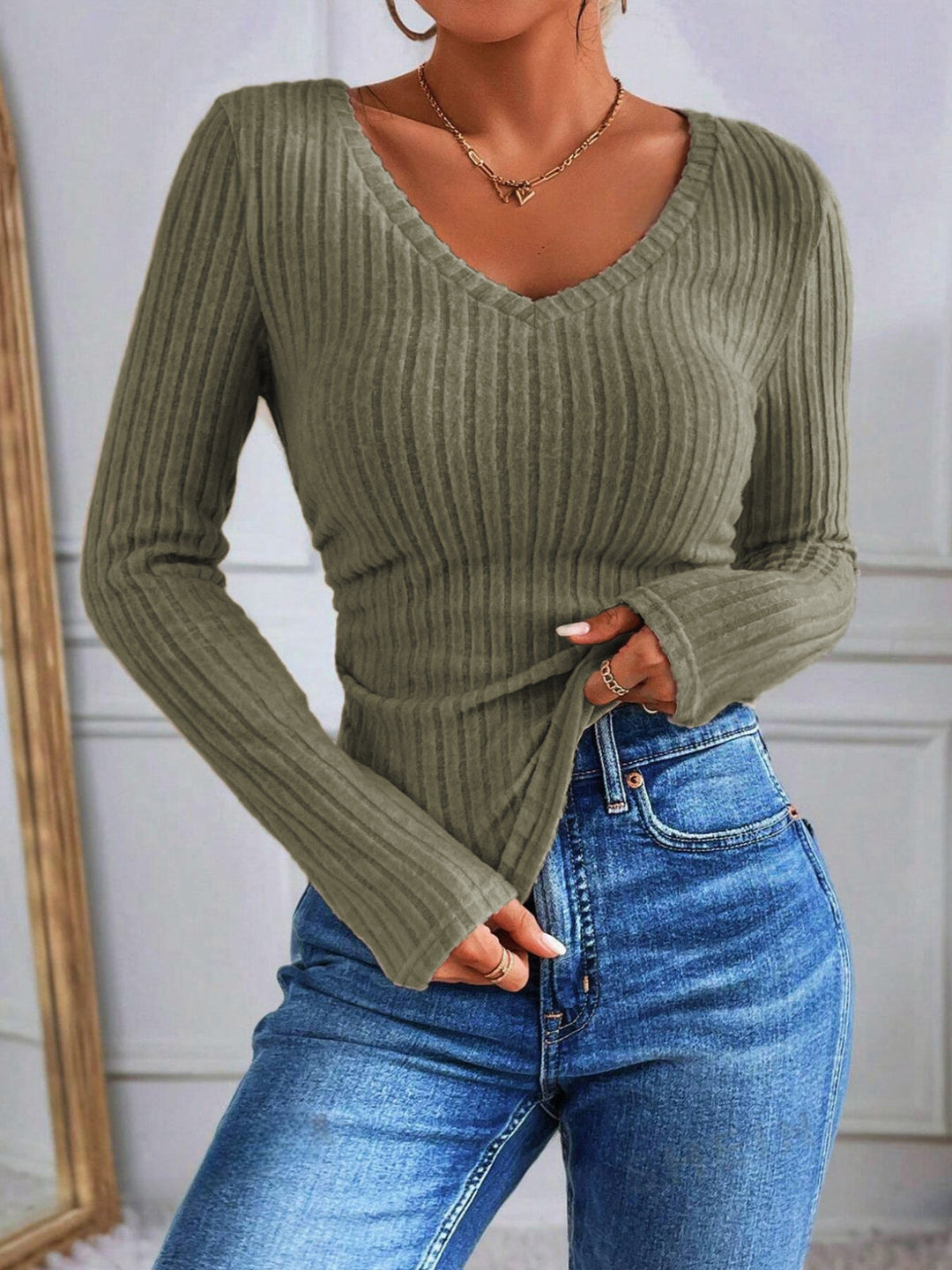 EB | Rippstrick-bluse mit V-ausschnitt Weich und Stilvoll Perfekt für Den Alltag