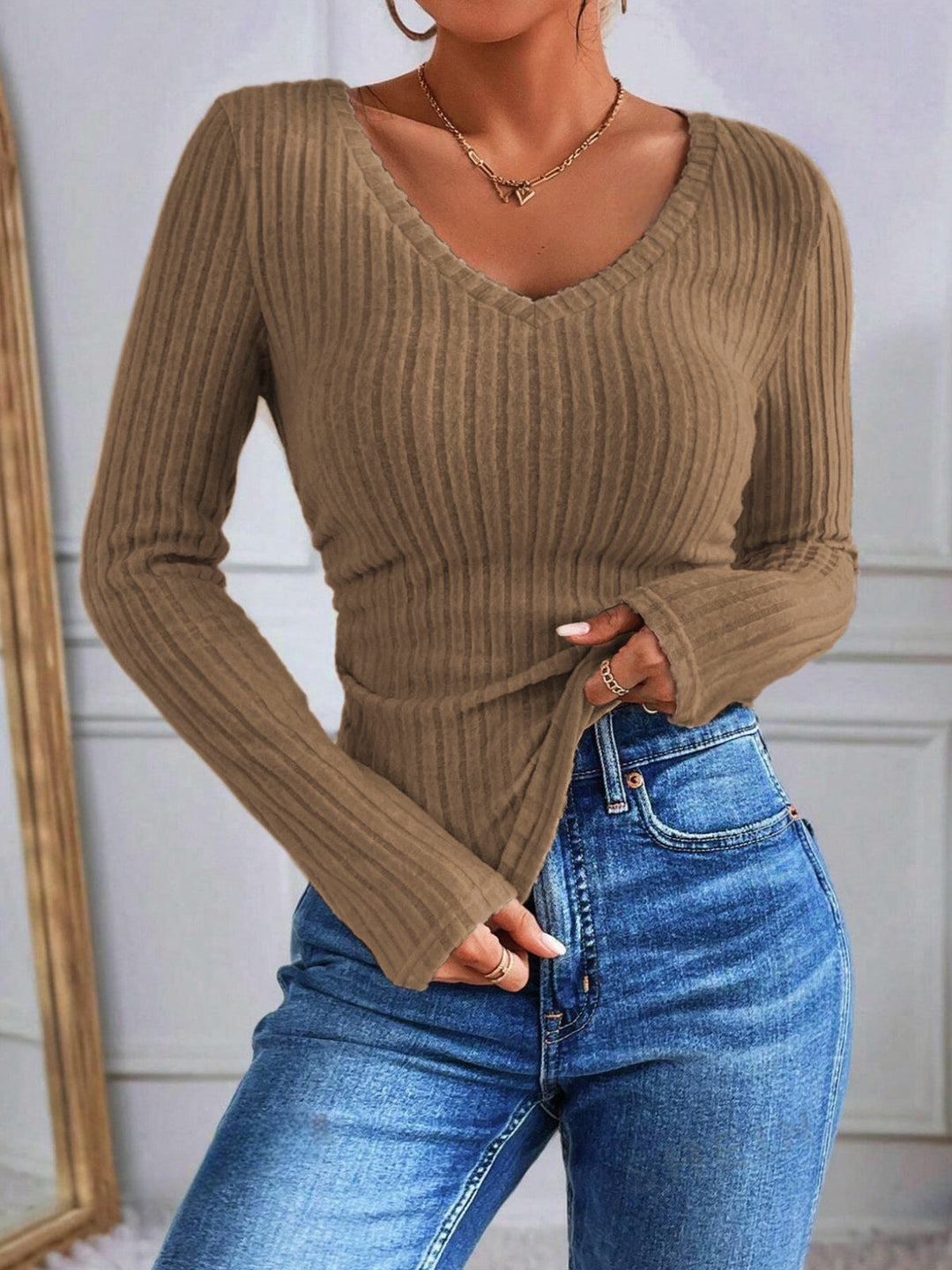 EB | Rippstrick-bluse mit V-ausschnitt Weich und Stilvoll Perfekt für Den Alltag