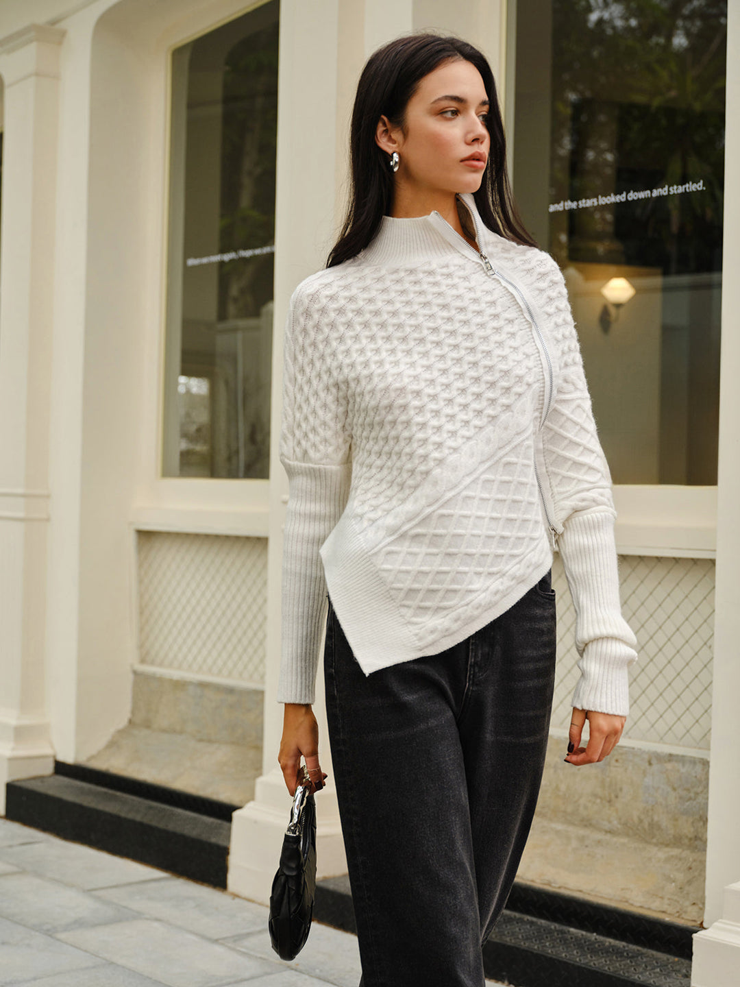 EB | Strickjacke mit Asymmetrischem Reißverschluss Strukturiertes Muster Modern und Warm
