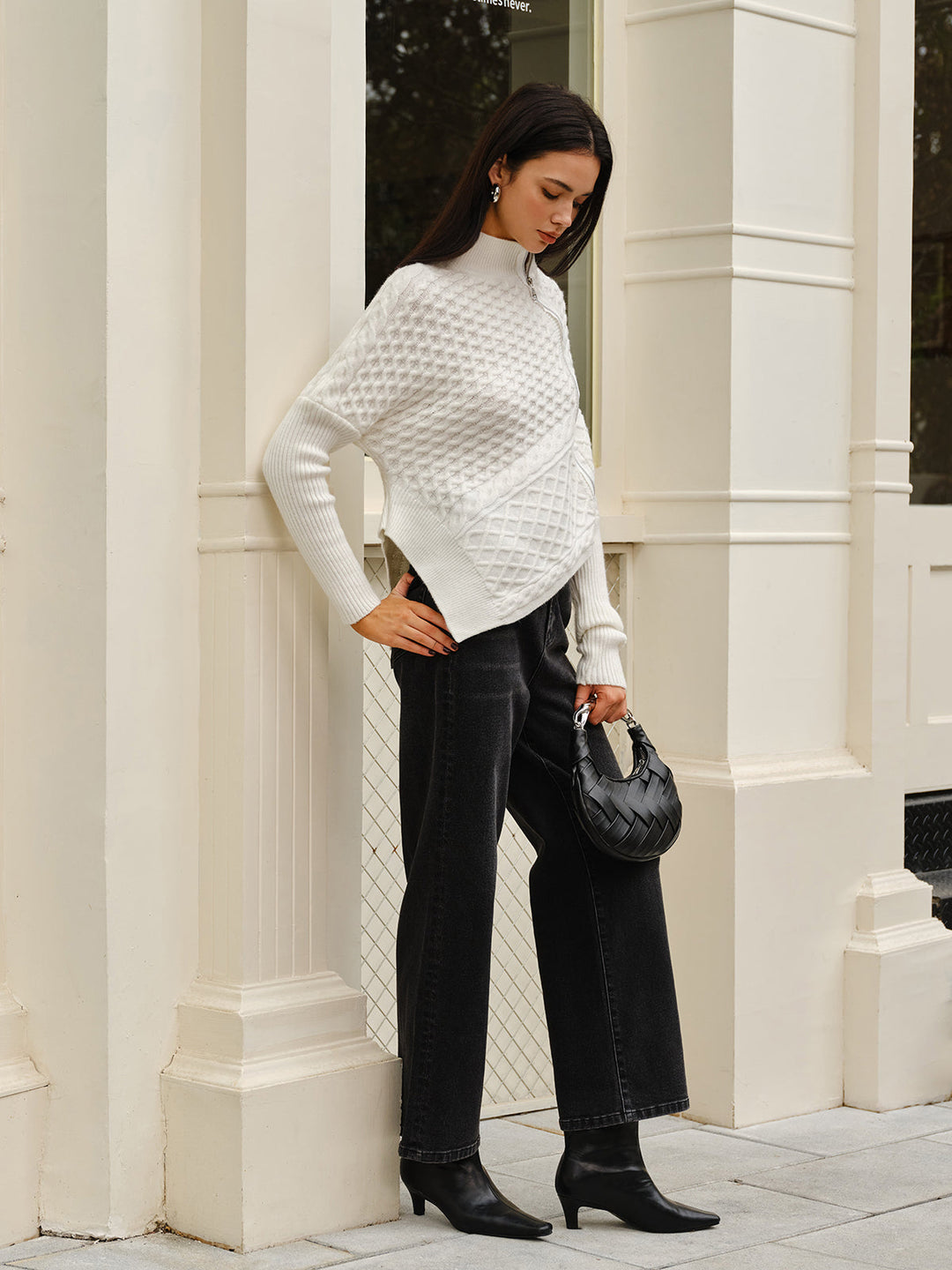 EB | Strickjacke mit Asymmetrischem Reißverschluss Strukturiertes Muster Modern und Warm