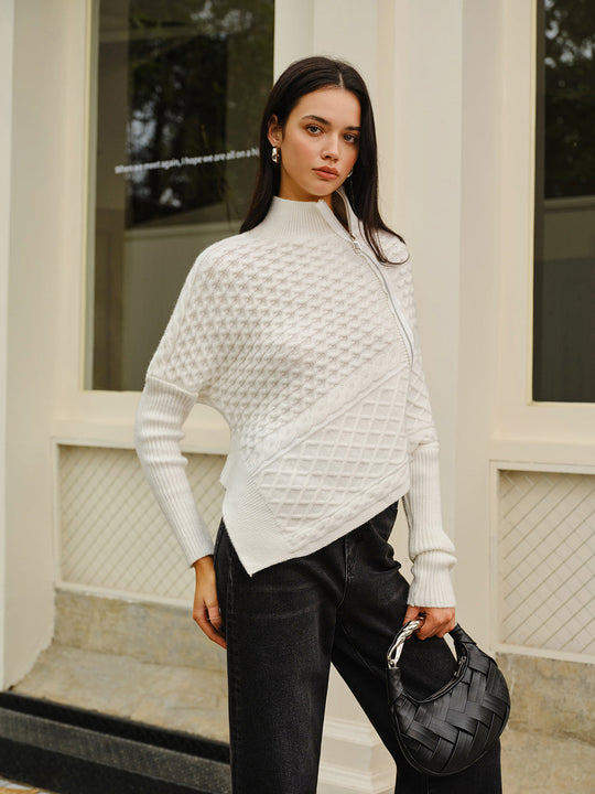EB | Strickjacke mit Asymmetrischem Reißverschluss Strukturiertes Muster Modern und Warm