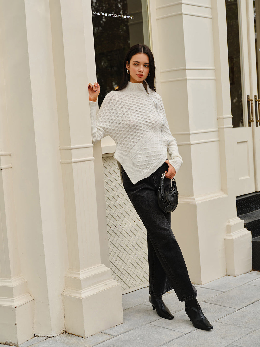 EB | Strickjacke mit Asymmetrischem Reißverschluss Strukturiertes Muster Modern und Warm