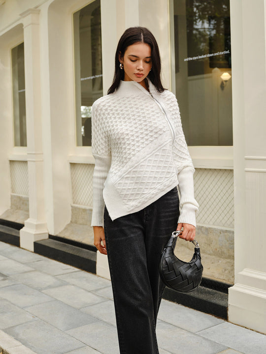 EB | Strickjacke mit Asymmetrischem Reißverschluss Strukturiertes Muster Modern und Warm
