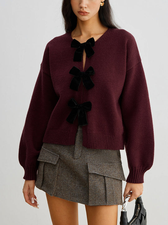 EB | Strickcardigan mit Samtschleifen Wollmischung Feminin und Modern