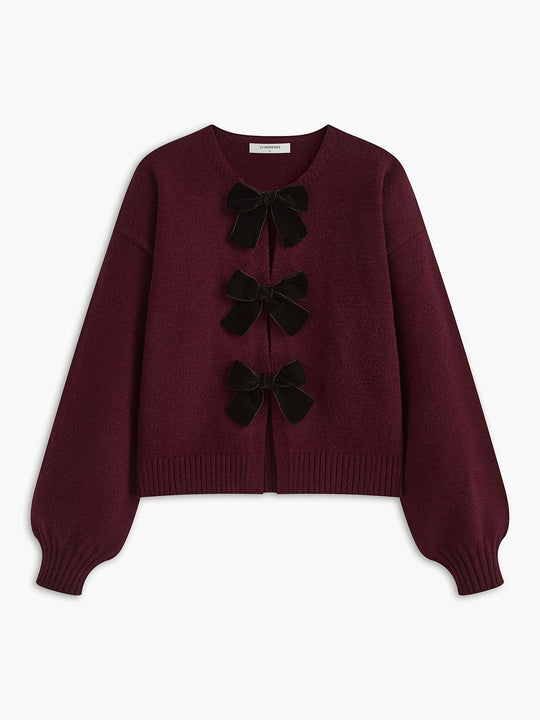 EB | Strickcardigan mit Samtschleifen Wollmischung Feminin und Modern