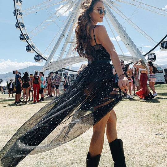 EB | Stern Schwarz Netz Transparent Ärmelloses Maxi-Kleid