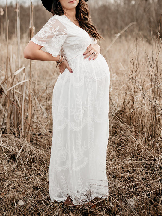 EB Schwangerschafts-Chaps Maxi-Fotoshooting-Kleider, elegante Spitzenstickerei, gewellter Rand, Weiß