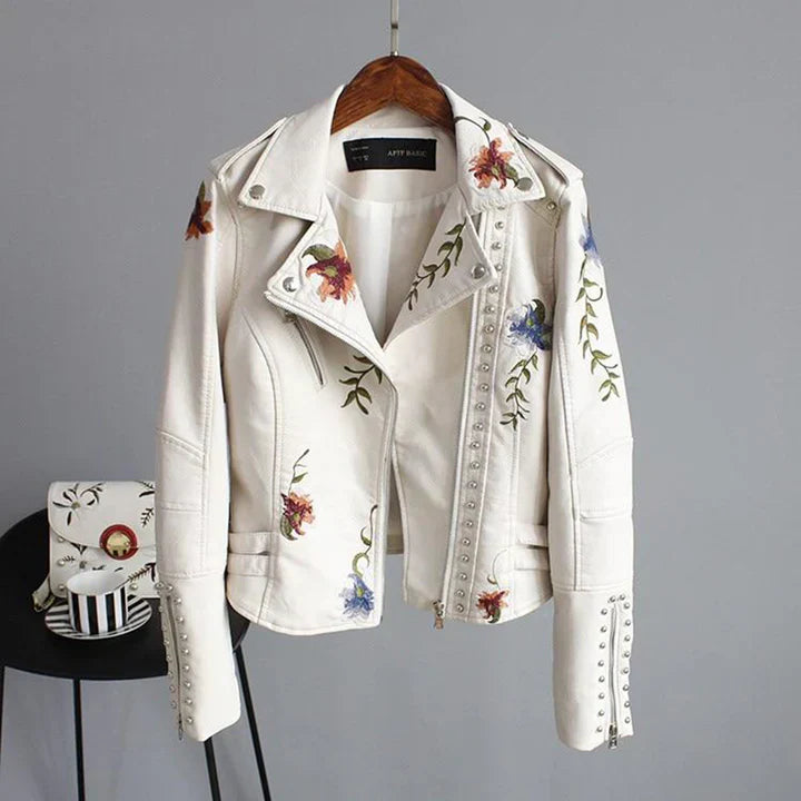 EB | Bikerjacke Taillierte Passform Florale Stickerei Nieten Details Leichtgewicht