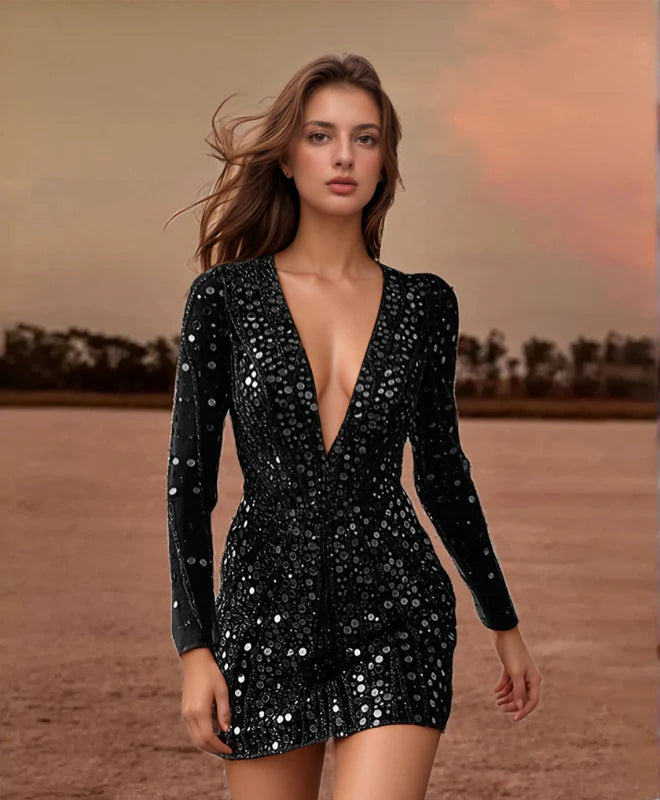 Durchsichtiges Damen Paillettenkleid in Gold für Party & Events | EB