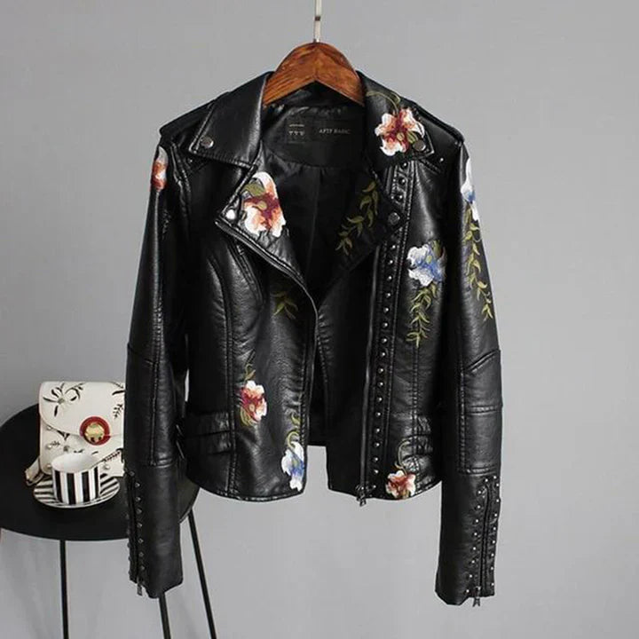 EB | Bikerjacke Taillierte Passform Florale Stickerei Nieten Details Leichtgewicht