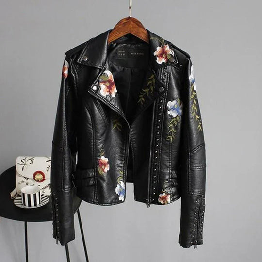 EB | Bikerjacke Taillierte Passform Florale Stickerei Nieten Details Leichtgewicht