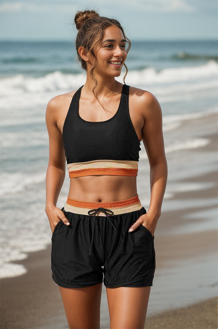EB | Schwarzes Colorblock Reißverschluss Rücken Sport Bikini-Oberteil mit Boyshort-Set