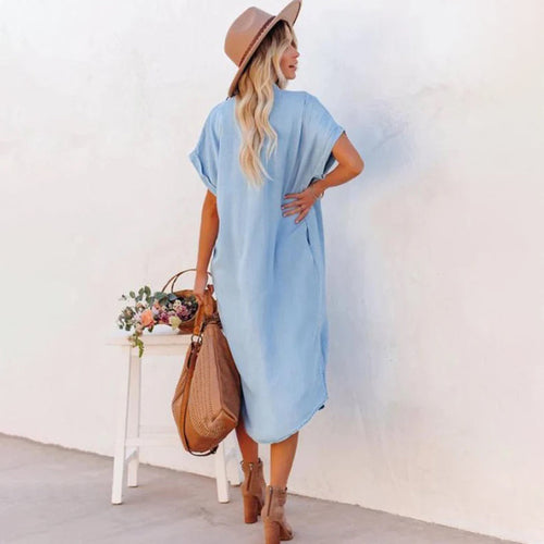 EB | Elegantes und Atmungsaktives Blaues Lockeres Kleid für Damen