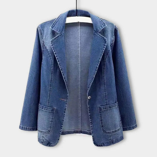 EB | Vintage blauer Denim-Blazer mit Taschen und Knopf Perfekt für lässige Tage