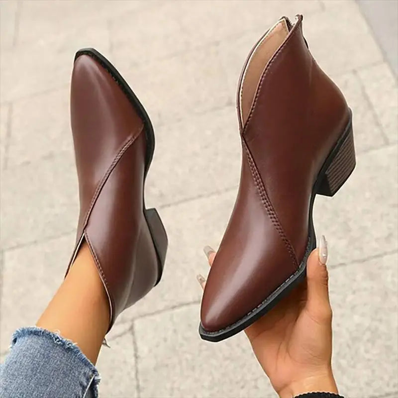 Damen Leder Stiefeletten mit Spitzer Spitze & Plateauabsatz | EB