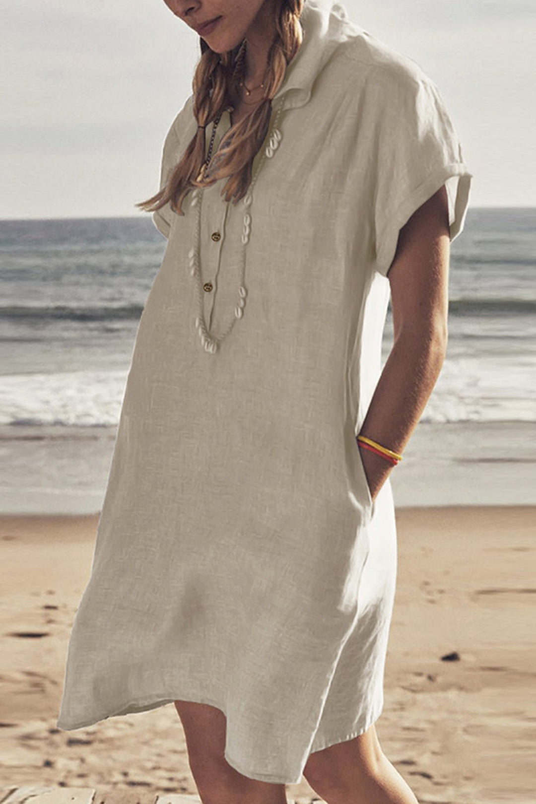EB | Knopfverschluss Baumwoll-Leinen Strandkleid