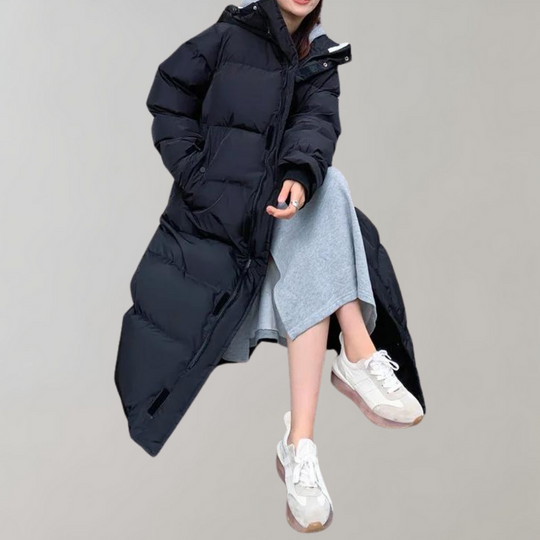 EB | Lange Pufferjacke mit Kapuze - Reißverschluss