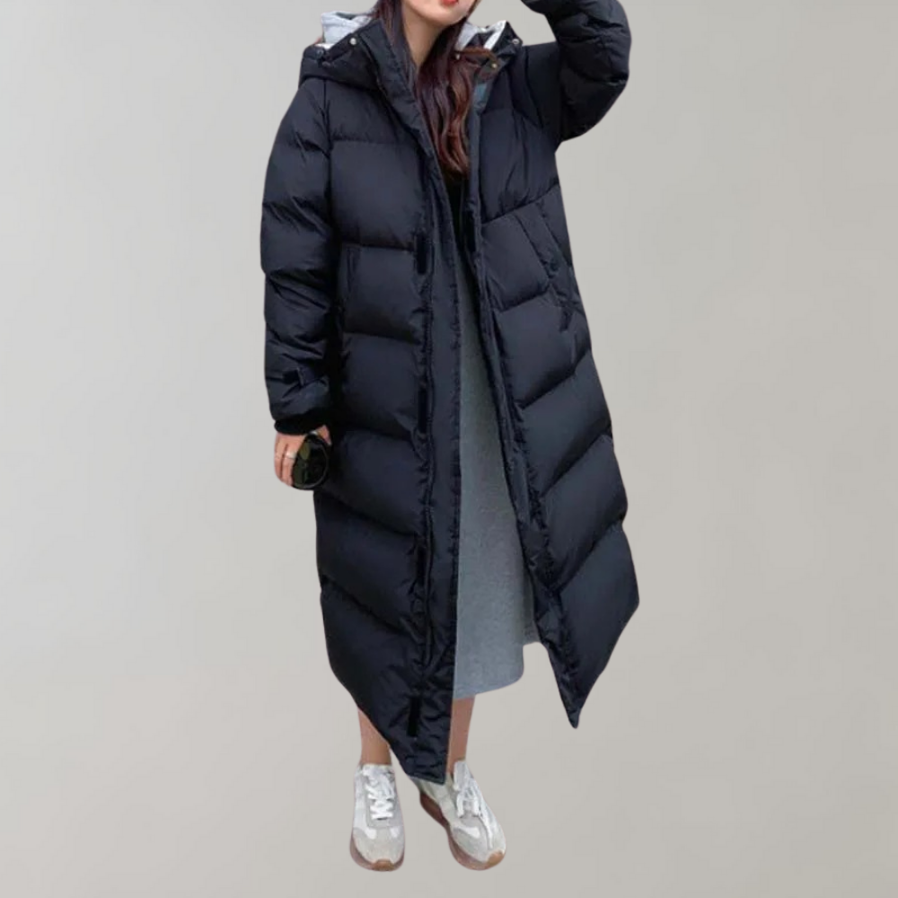 EB | Lange Pufferjacke mit Kapuze - Reißverschluss
