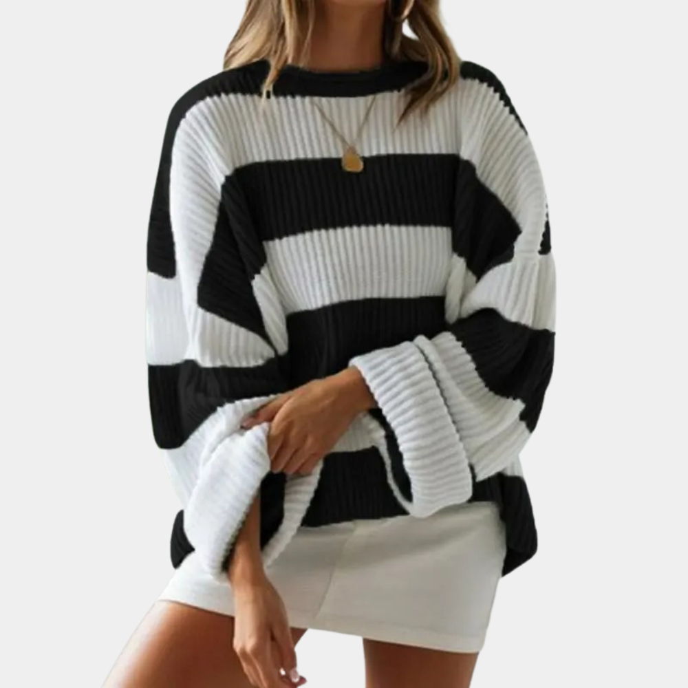 EB | Schwarz und Weiß Strickpullover mit Breiten Streifen Acryl Modern und Bequem