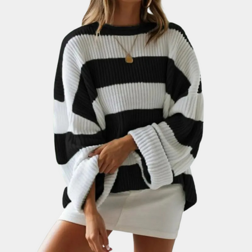 EB | Schwarz und Weiß Strickpullover mit Breiten Streifen Acryl Modern und Bequem