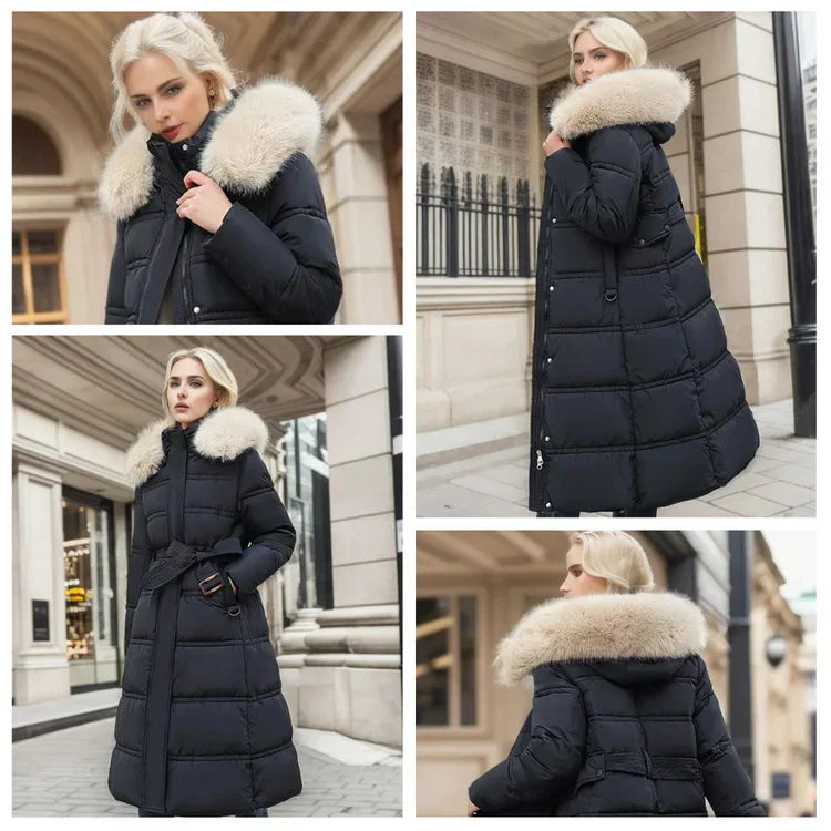 EB | Slim Fit Überknielange Jacke mit Pelzkragen und Gürtel