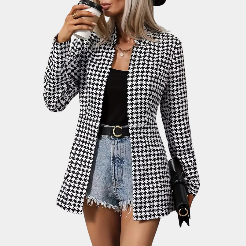 EB | Hahnentritt Blazer - Lang geschnitten - Offene Front - Strukturiertes Kragen - Smart Casual Wear
