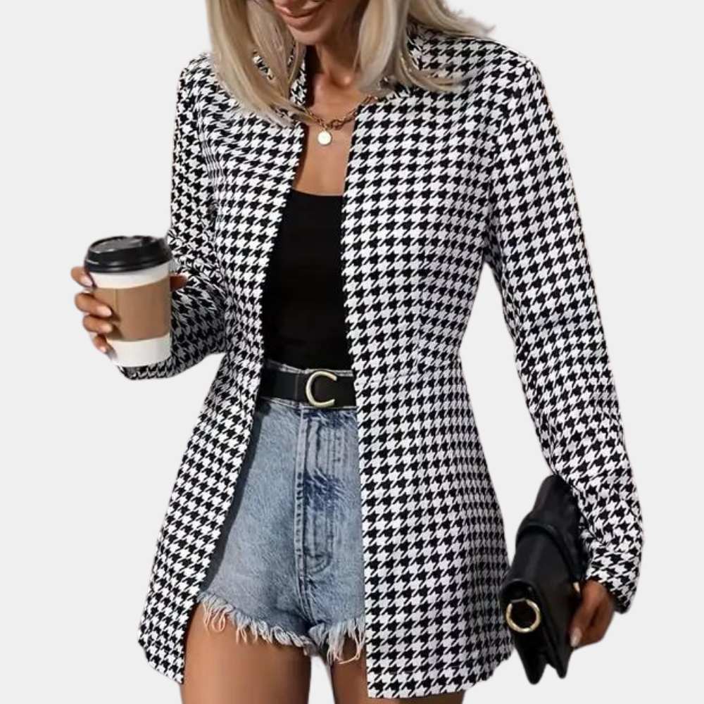 EB | Hahnentritt Blazer - Lang geschnitten - Offene Front - Strukturiertes Kragen - Smart Casual Wear