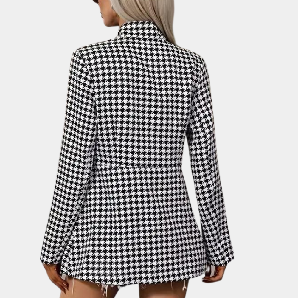 EB | Hahnentritt Blazer - Lang geschnitten - Offene Front - Strukturiertes Kragen - Smart Casual Wear