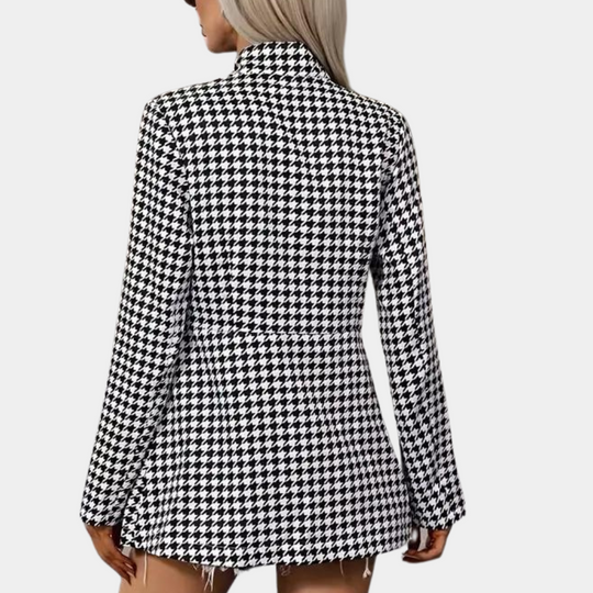 EB | Hahnentritt Blazer - Lang geschnitten - Offene Front - Strukturiertes Kragen - Smart Casual Wear
