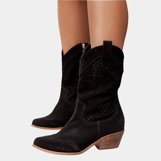 EB | Cowboy Stiefel - Leder-Obermaterial - Perforierter Schaft - Spitz Zulaufende Zehe - Blockabsatz
