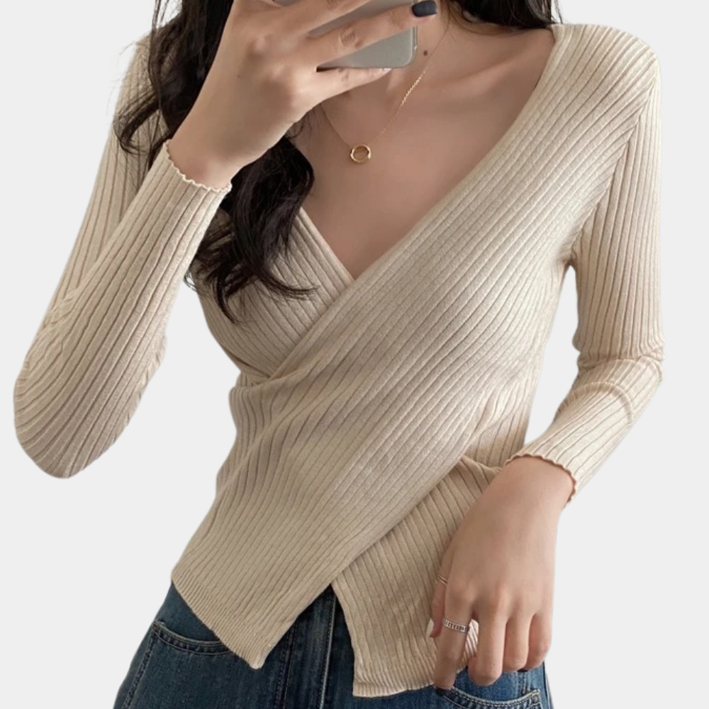 EB | Pullover - Damen Schicker Gestrickter Wickel-Pullover