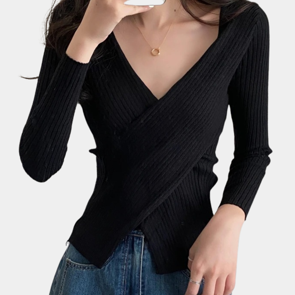 EB | Pullover - Damen Schicker Gestrickter Wickel-Pullover
