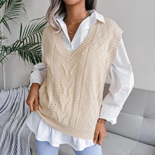 EB | Frauen Kabelstrick V-Ausschnitt Sweater Weste