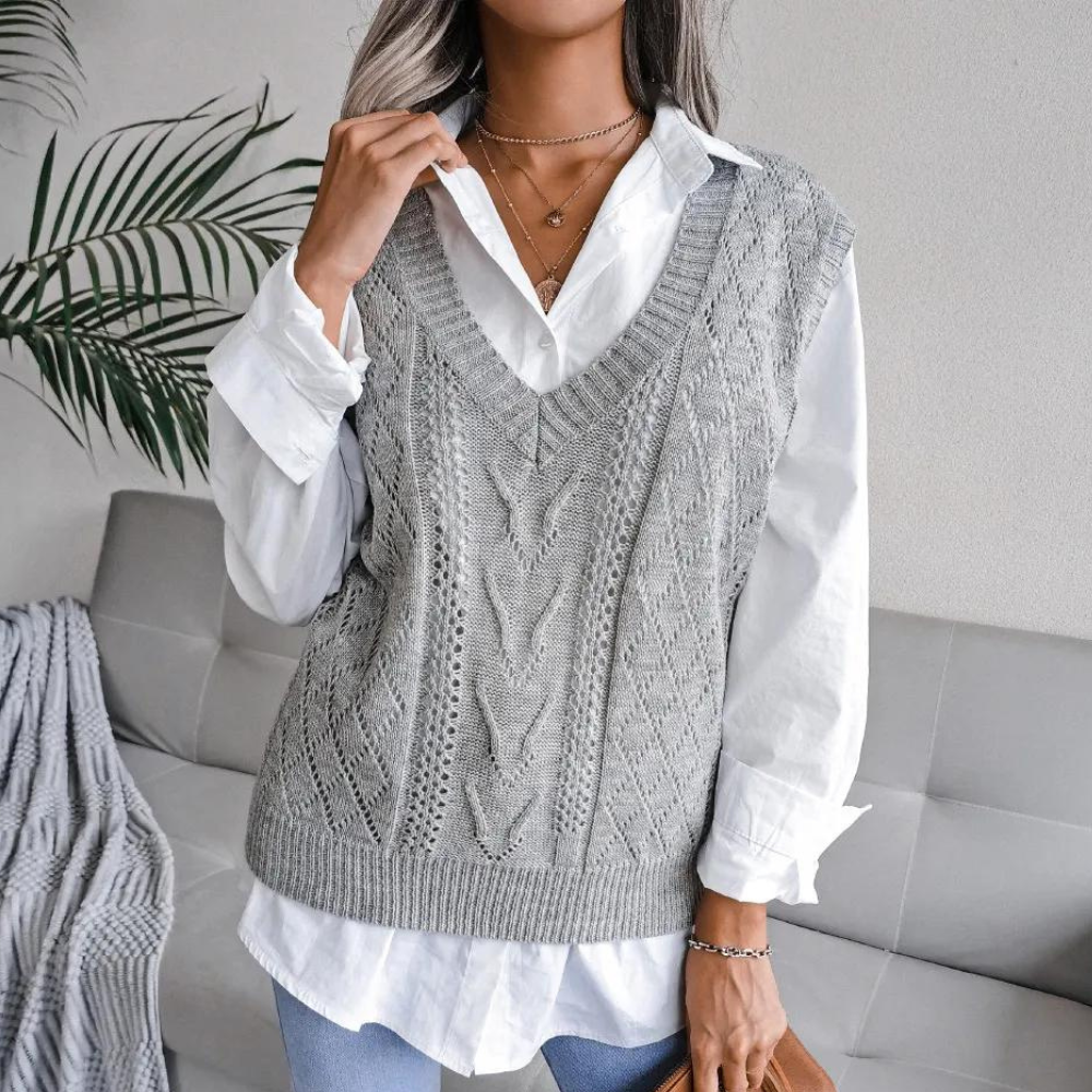 EB | Frauen Kabelstrick V-Ausschnitt Sweater Weste