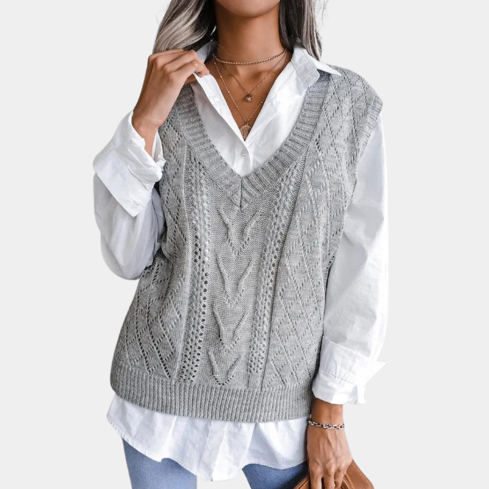 EB | Frauen Kabelstrick V-Ausschnitt Sweater Weste