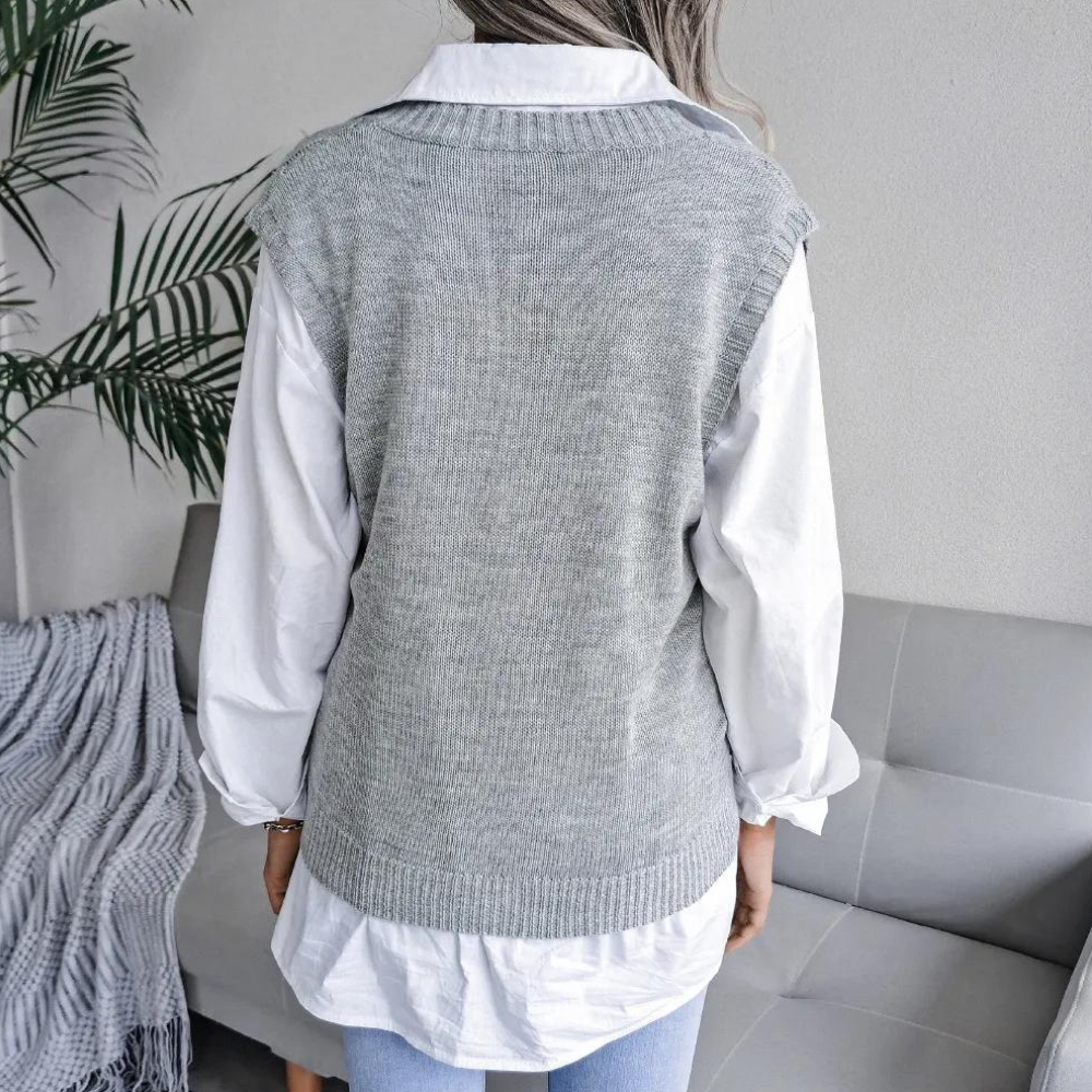 EB | Frauen Kabelstrick V-Ausschnitt Sweater Weste