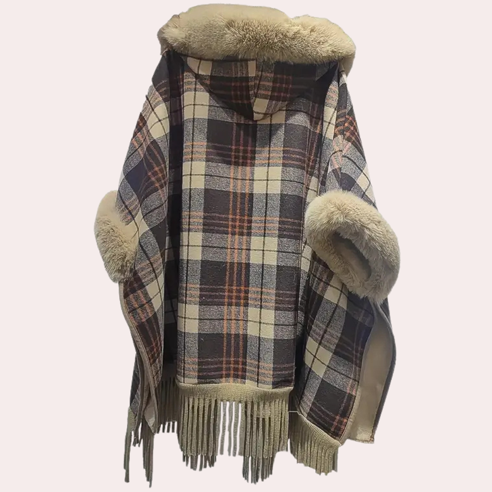 EB | Poncho-Jacke - Luxus-Damenumhang mit Kapuze und Fake-Fur-Besatz