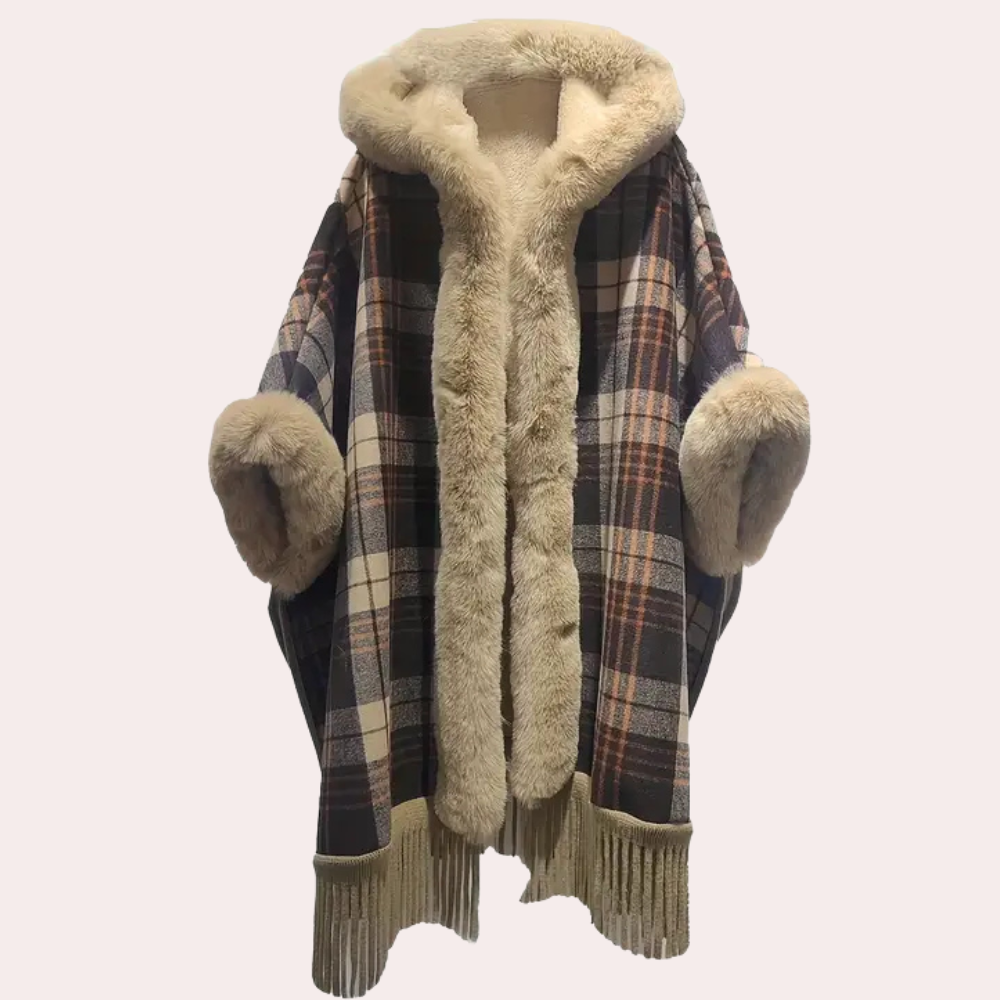 EB | Poncho-Jacke - Luxus-Damenumhang mit Kapuze und Fake-Fur-Besatz