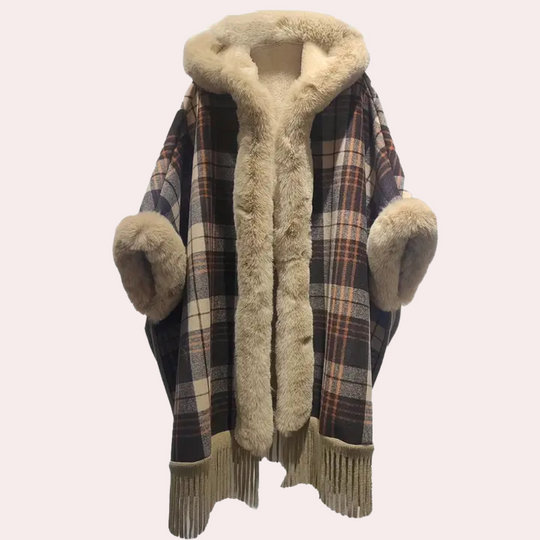 EB | Poncho-Jacke - Luxus-Damenumhang mit Kapuze und Fake-Fur-Besatz