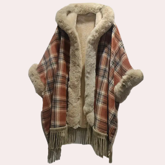 EB | Poncho-Jacke - Luxus-Damenumhang mit Kapuze und Fake-Fur-Besatz
